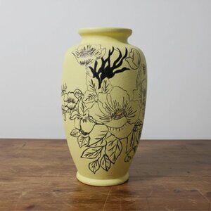 Vintage Hand Painted Ceramic Vase Yellow Textured Black Floral Handmade Signed